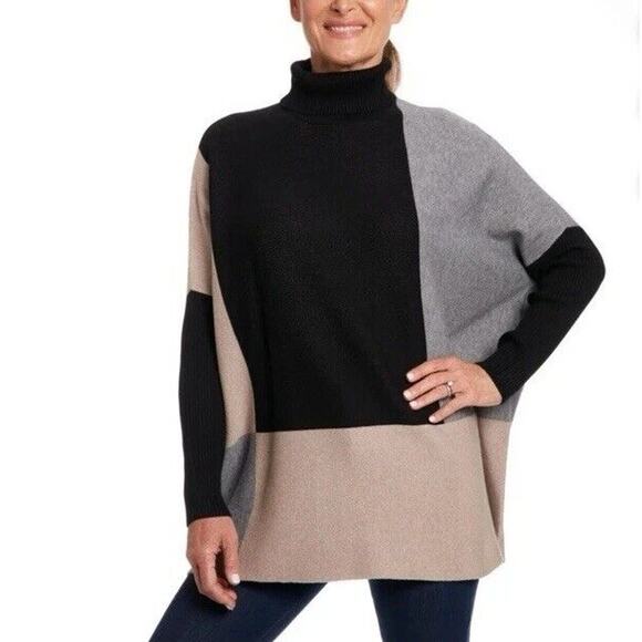 Aedan Colorblock Oversized Sweater Soft Stretch Knit Medium Beige Black Cream - Picture 1 of 10